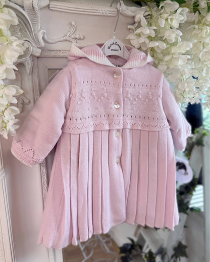 Sarah Louise Adeline pink double knit girls coat with hood, embroidered detailing, button fastening and pleated skirt.