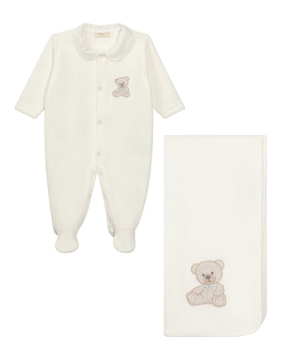 Baby Gi cotton baby shawl and burp cloth with embroidered teddy bear motif in ivory, pink and blue.