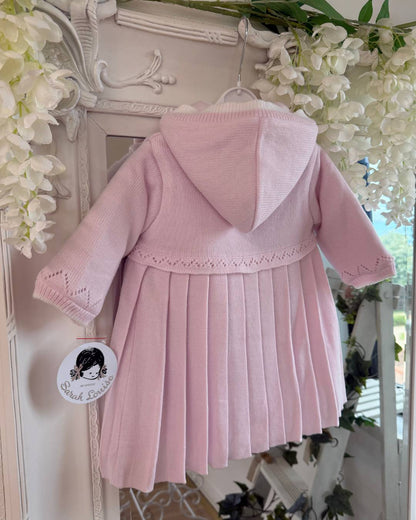 Sarah Louise Adeline pink double knit girls coat with hood, embroidered detailing, button fastening and pleated skirt.