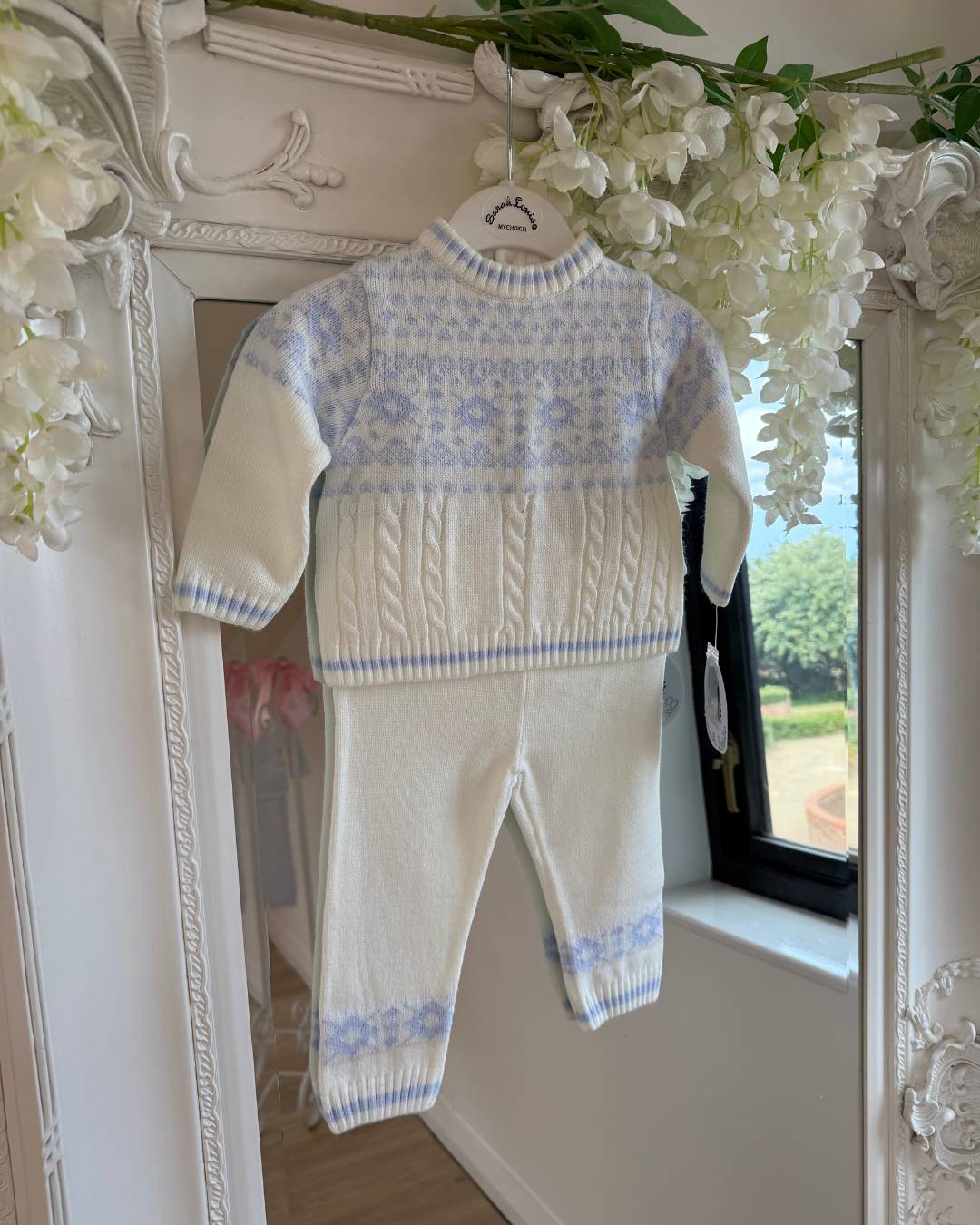 Sarah Louise Aspen ivory and baby blue knitted boys trouser set with Fair Isle pattern and cable knit detailing.