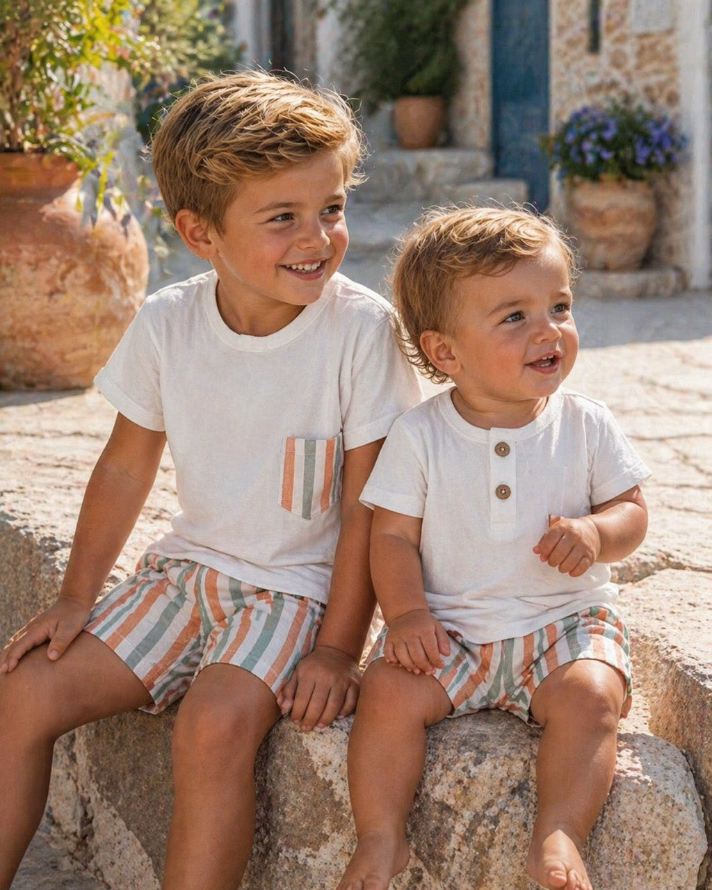 featuring striped shorts in soft off-white with pops of green and orange. Paired perfectly with a crisp white tee, finished with a simple wooden button neckline