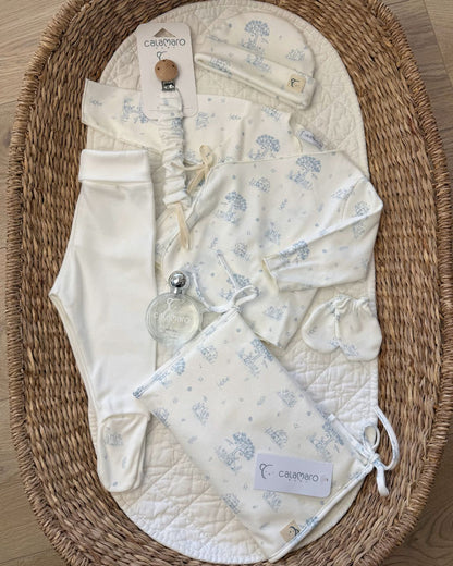 Calamaro Mon Cheri newborn baby gift set in ivory with pink or blue woodland print, matching accessories, nappy bag organiser and baby perfume.