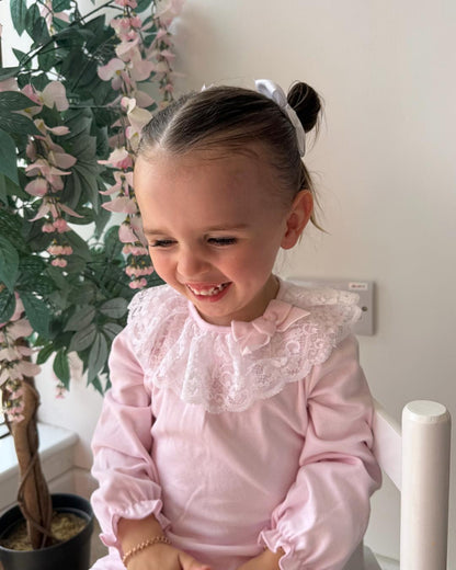 Bluesbaby Elodie Lace Legging Set in soft baby pink with white lace frill collar, pink velvet bow and matching bow detail leggings.