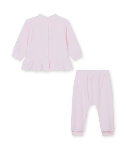 Baby Gi pink velour baby girls jogset with embroidered teddy bear motif and frill hem.