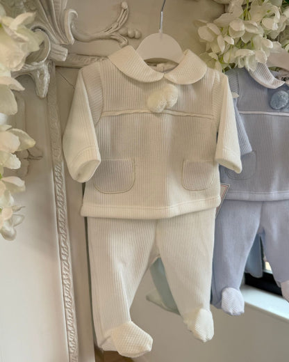 Baby knitted pom pom top and footed trouser set in ivory, baby blue and baby pink.