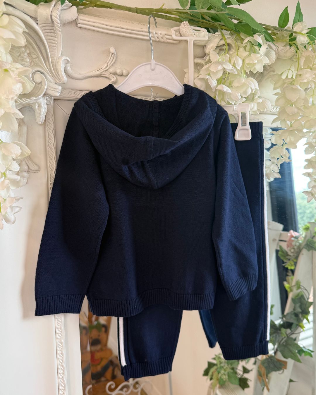 Bluesbaby Brooks boys navy cotton knit hooded jumper and trouser set with white stripe and checker detailing.