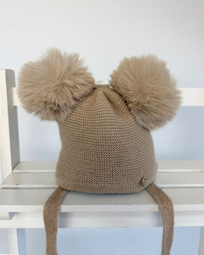 Jamiks Berit camel brown double faux fur pom baby winter hat with chin ties.