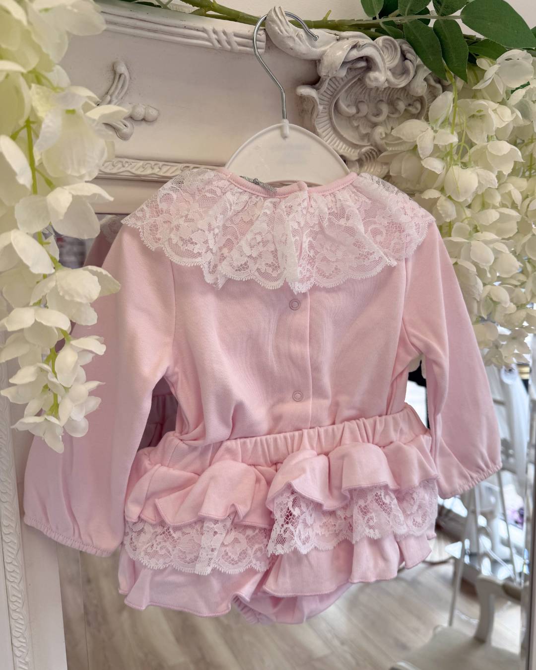 Bluesbaby Elodie Lace Jampant Set in soft baby pink with white lace frill collar, pink velour bow and matching tiered ruffle jampants.