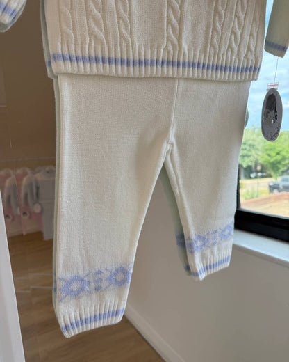 Sarah Louise Aspen ivory and baby blue knitted boys trouser set with Fair Isle pattern and cable knit detailing.