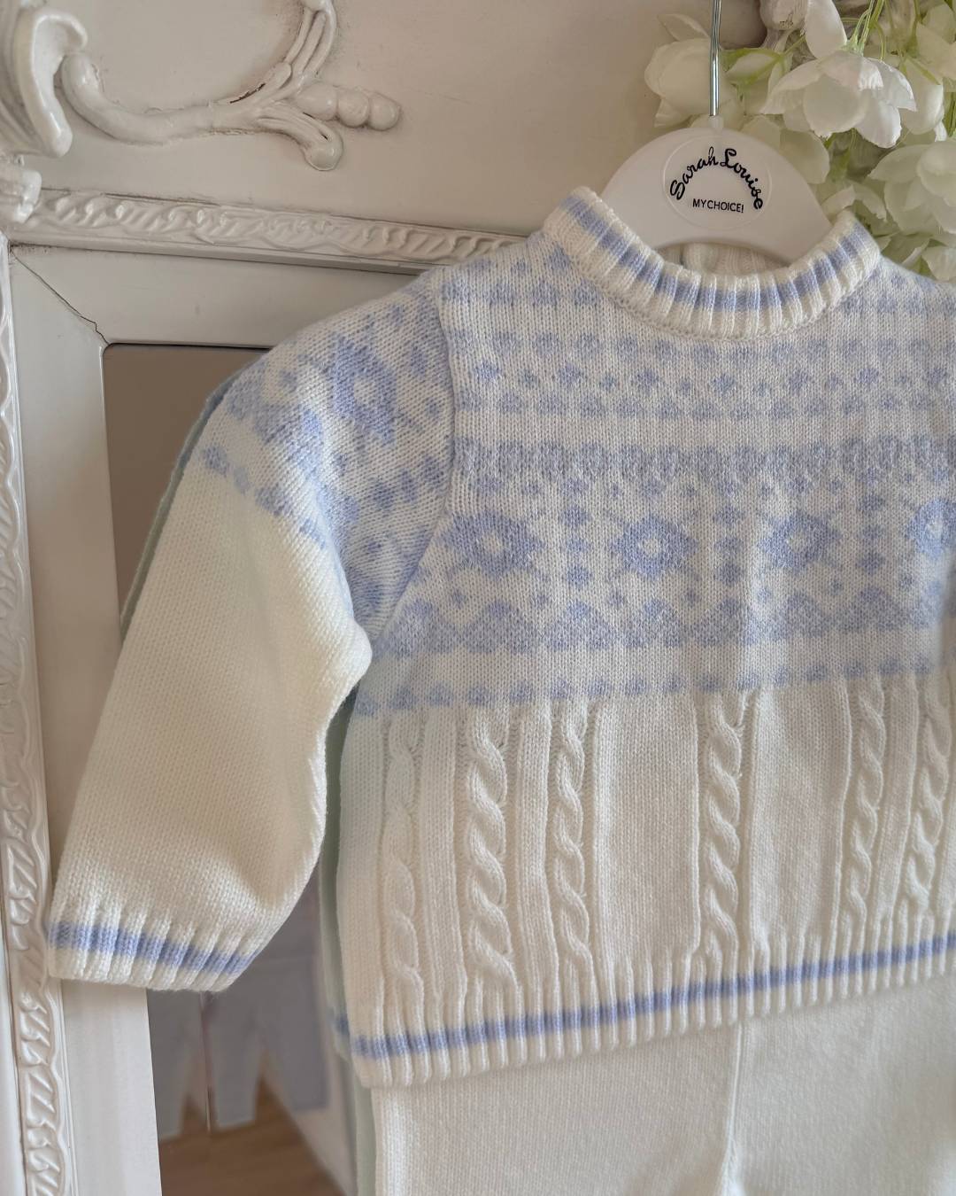 Sarah Louise Aspen ivory and baby blue knitted boys trouser set with Fair Isle pattern and cable knit detailing.