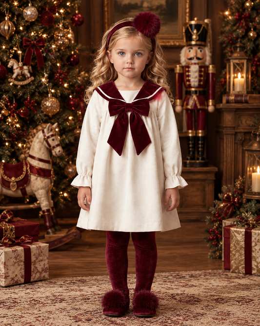 BeChic Clara ivory velvet girls Christmas dress with burgundy sailor-style collar, white trim and oversized burgundy velvet bow.