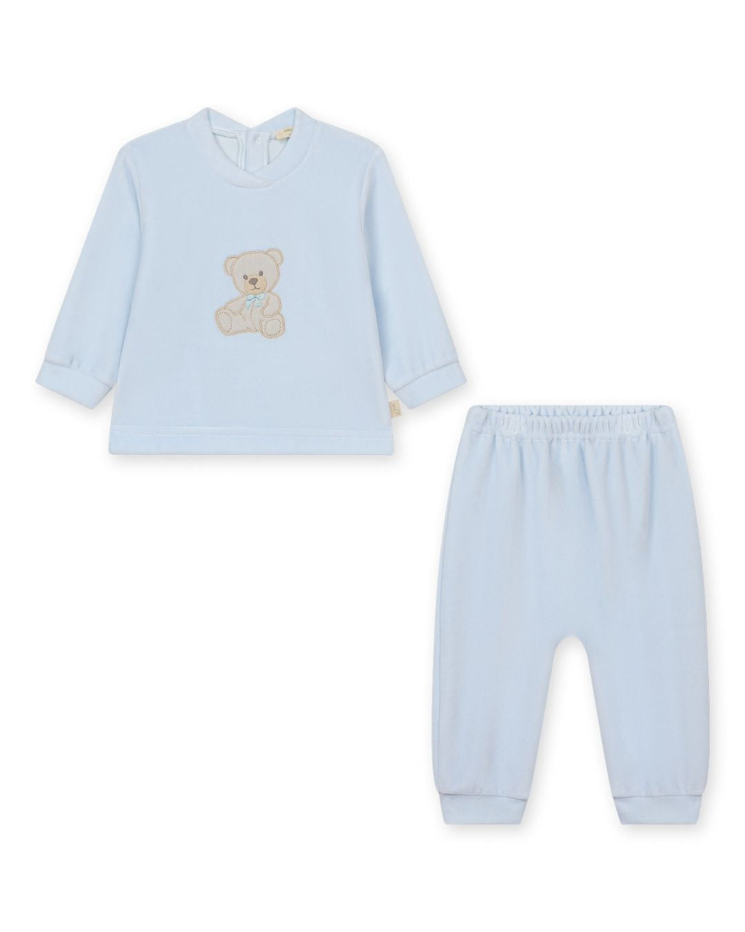 Baby Gi blue velour baby boys jogset with embroidered teddy bear motif and matching joggers.