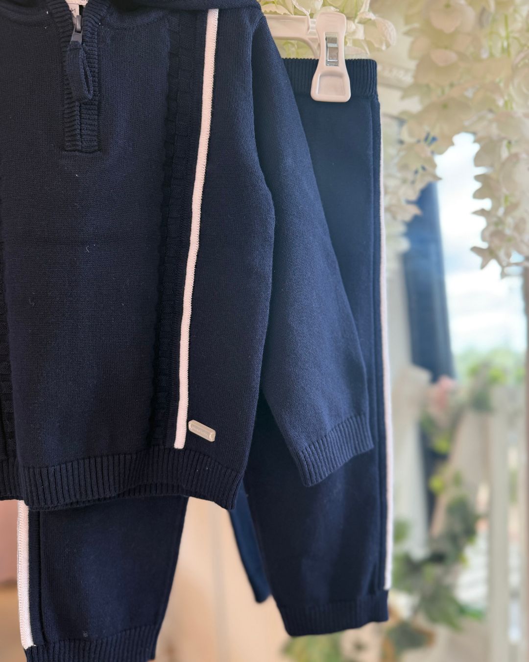 Bluesbaby Brooks boys navy cotton knit hooded jumper and trouser set with white stripe and checker detailing.