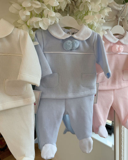 Baby knitted pom pom top and footed trouser set in ivory, baby blue and baby pink.