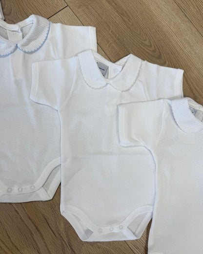Babidu white unisex baby bodysuit with Peter Pan collar and coloured stitch trim.