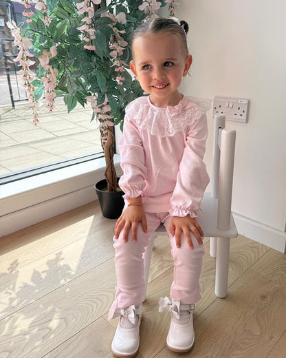 Bluesbaby Elodie Lace Legging Set in soft baby pink with white lace frill collar, pink velvet bow and matching bow detail leggings.