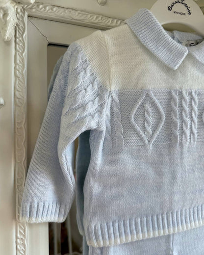 Sarah Louise Alfie baby blue and ivory boys knitted trouser set with cable knit detailing and collar.
