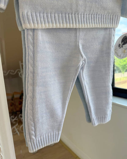 Sarah Louise Alfie baby blue and ivory boys knitted trouser set with cable knit detailing and collar.