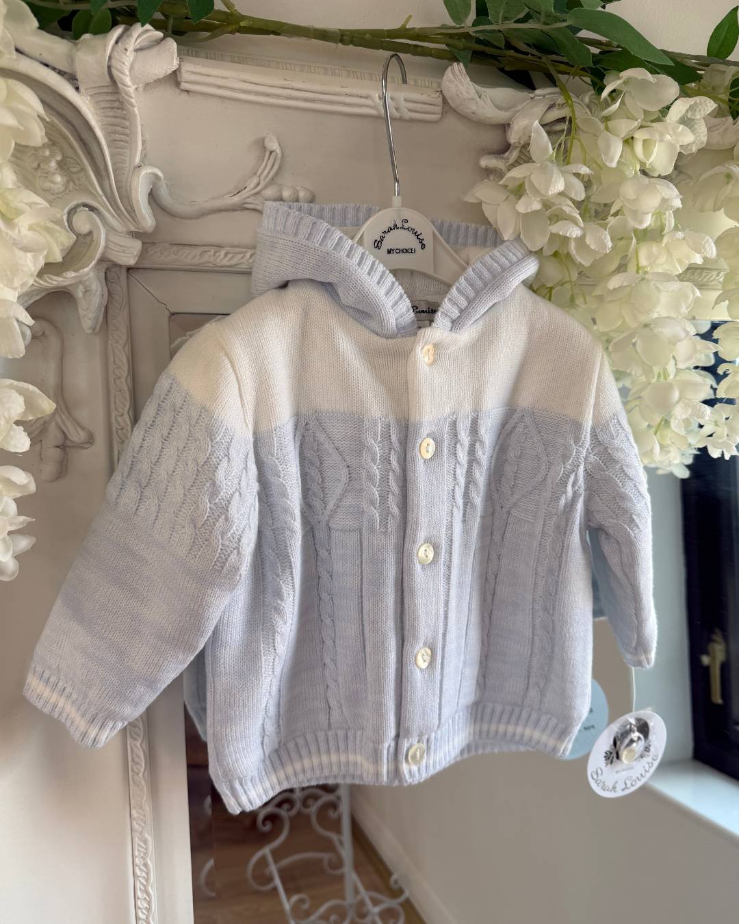 Sarah Louise Alfie baby blue and ivory boys knitted hooded coat with cable knit detailing.