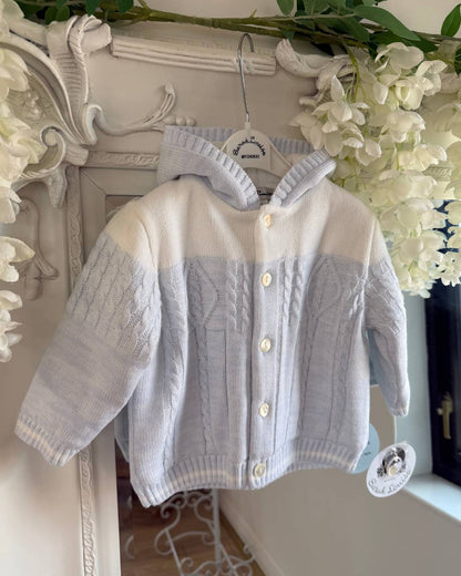 Sarah Louise Alfie baby blue and ivory boys knitted hooded coat with cable knit detailing.