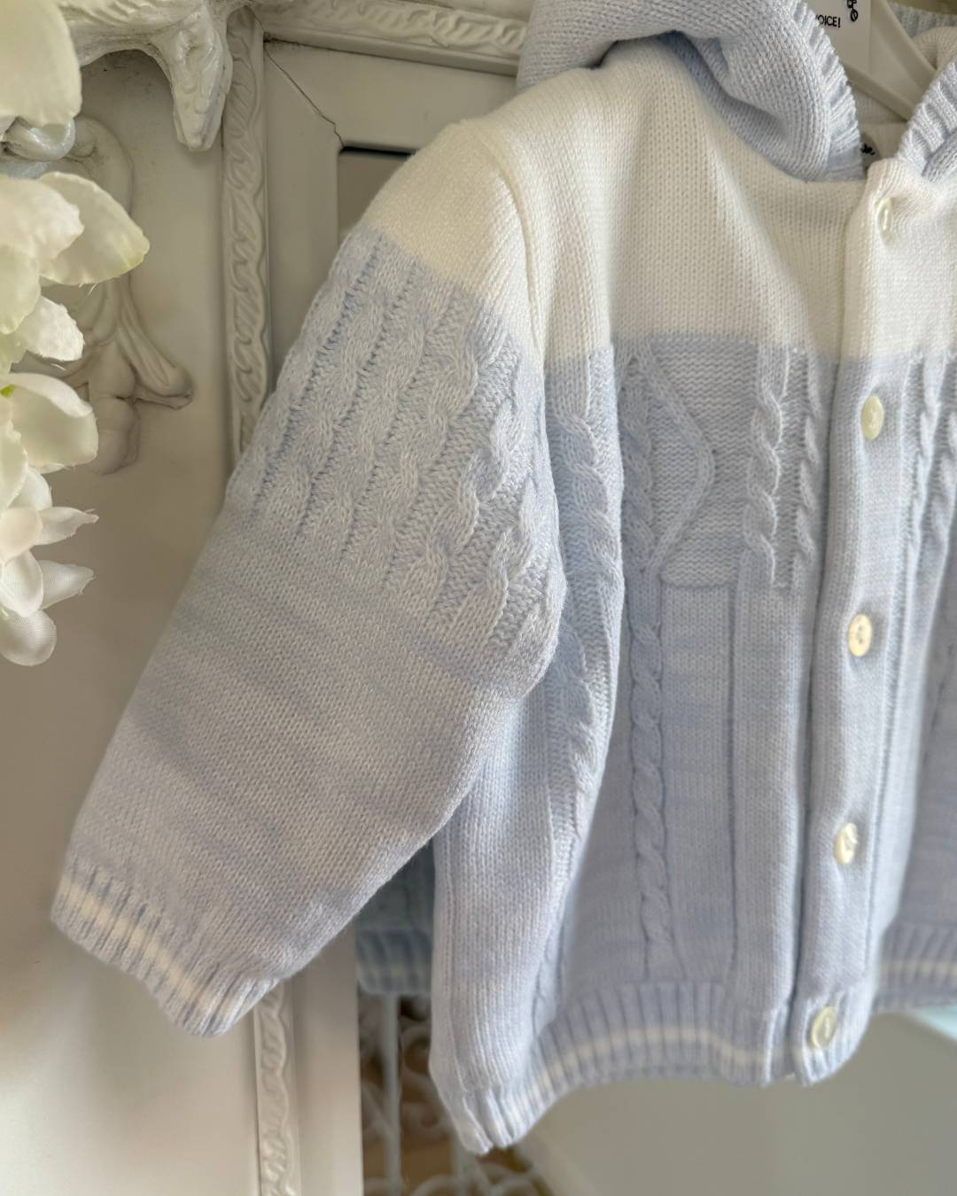 Sarah Louise Alfie baby blue and ivory boys knitted hooded coat with cable knit detailing.