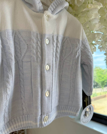 Sarah Louise Alfie baby blue and ivory boys knitted hooded coat with cable knit detailing.