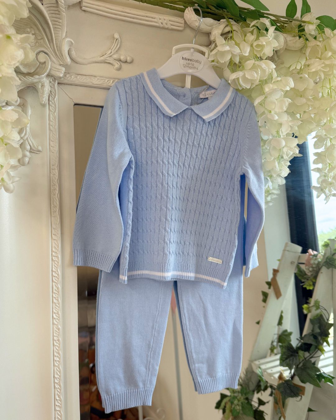 Bluesbaby Harry baby blue boys cable knit jumper and trouser set with white trim polo collar.