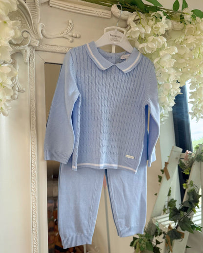 Bluesbaby Harry baby blue boys cable knit jumper and trouser set with white trim polo collar.