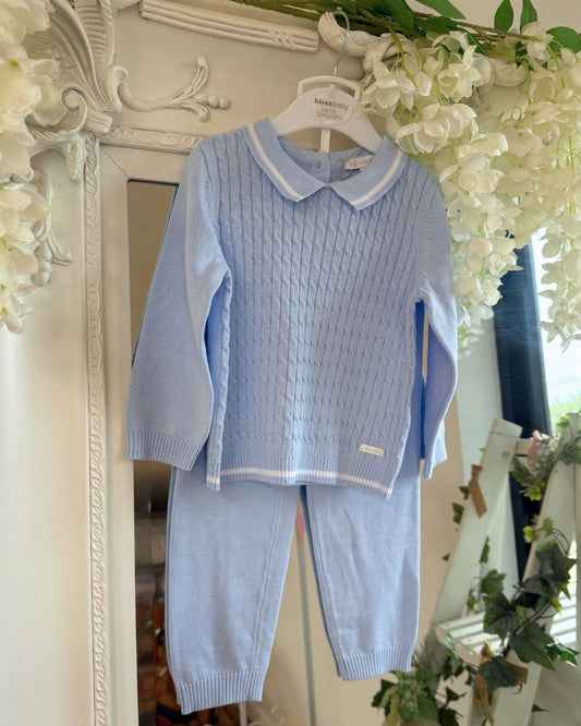 Bluesbaby Harry baby blue boys cable knit jumper and trouser set with white trim polo collar.