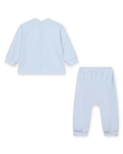Baby Gi blue velour baby boys jogset with embroidered teddy bear motif and matching joggers.