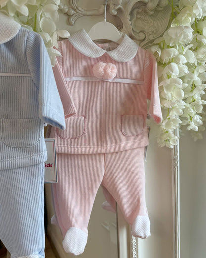Baby knitted pom pom top and footed trouser set in ivory, baby blue and baby pink.