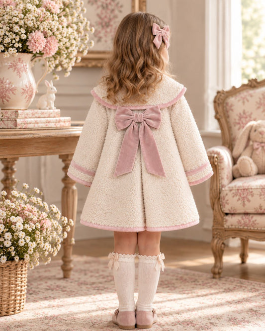 BeChic Felicity ivory bouclé baby girls coat with baby pink trim, rounded collar, front pockets, pearl-effect buttons and oversized pink velvet back bow.