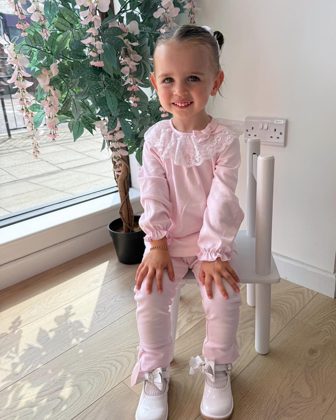 Bluesbaby Elodie Lace Legging Set in soft baby pink with white lace frill collar, pink velvet bow and matching bow detail leggings.