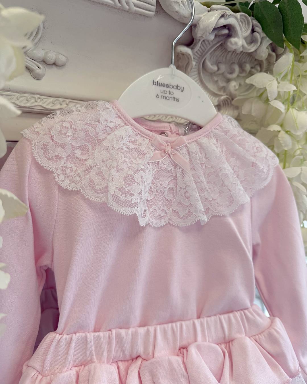Bluesbaby Elodie Lace Jampant Set in soft baby pink with white lace frill collar, pink velour bow and matching tiered ruffle jampants.
