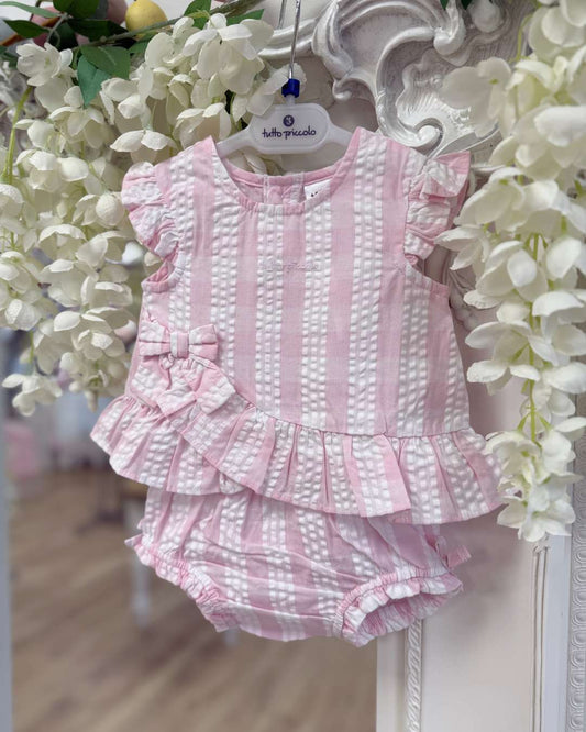 Tutto Piccolo Posie Jampant Set featuring a pink and white striped top with flutter sleeves, bow detail and matching striped bloomers.