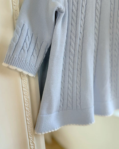 Sarah Louise Aster baby blue girls knitted dress with cable knit detailing, white scalloped floral embroidered collar and bow.
