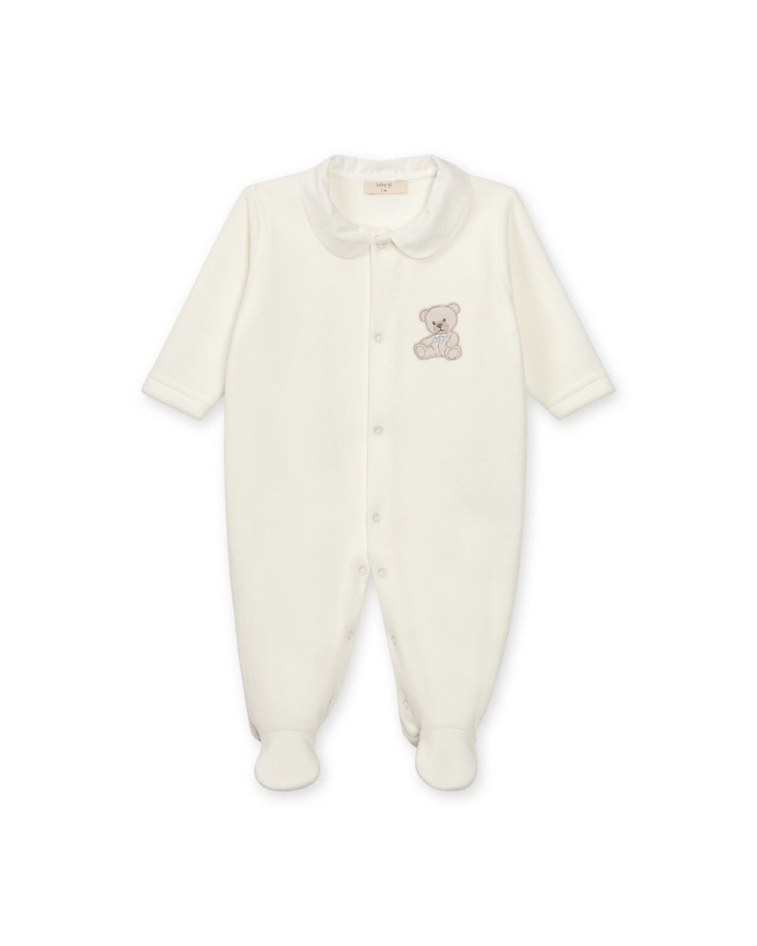 Baby Gi Velour Teddy Babygrow with Peter Pan collar and embroidered teddy motif in pink, blue and ivory.