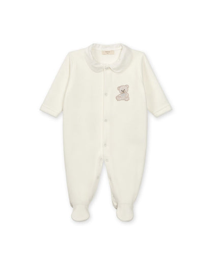 Baby Gi Velour Teddy Babygrow with Peter Pan collar and embroidered teddy motif in pink, blue and ivory.