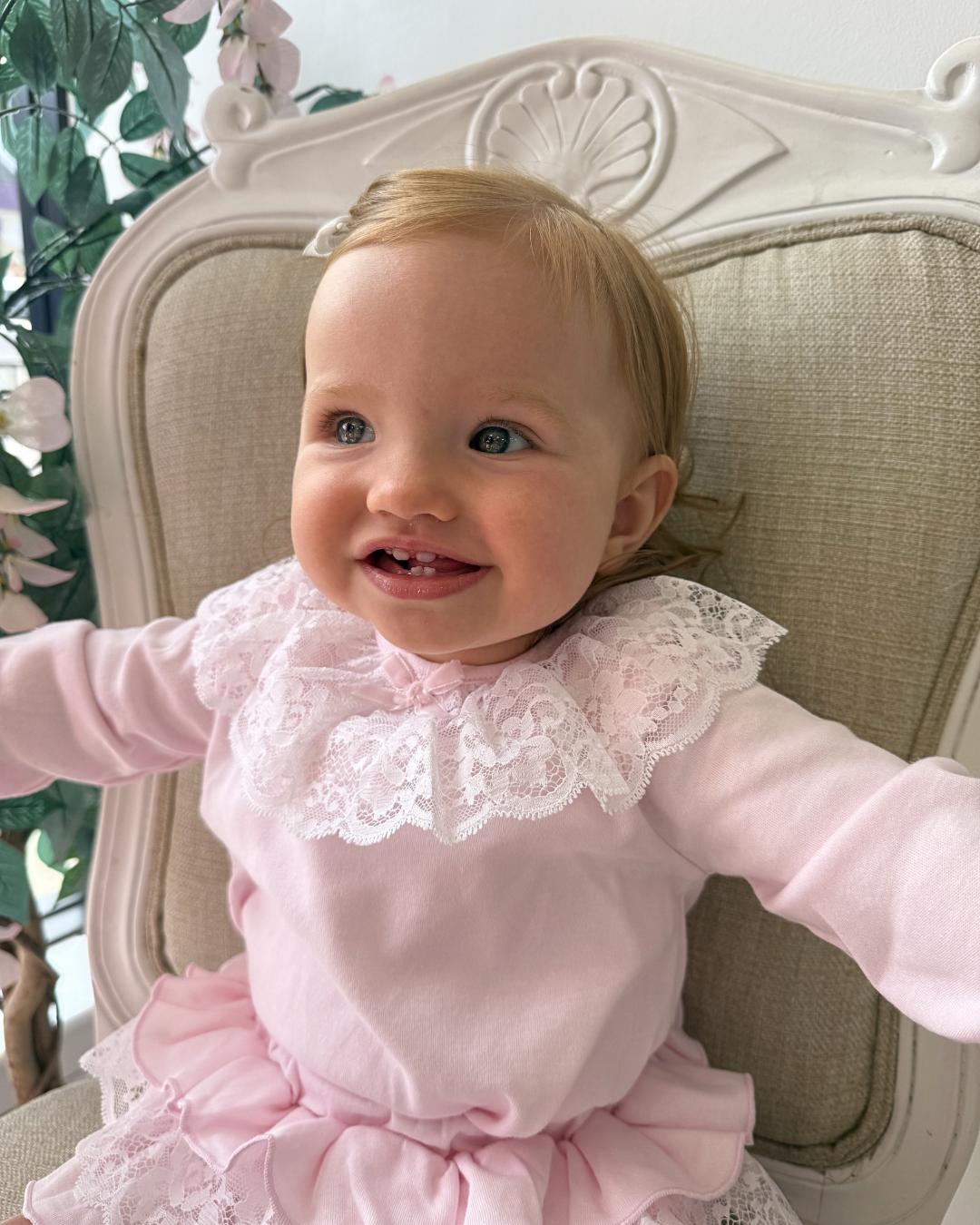 Bluesbaby Elodie Lace Jampant Set in soft baby pink with white lace frill collar, pink velour bow and matching tiered ruffle jampants.