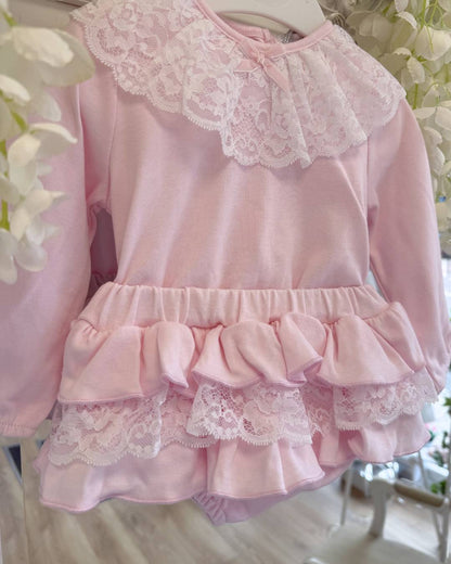 Bluesbaby Elodie Lace Jampant Set in soft baby pink with white lace frill collar, pink velour bow and matching tiered ruffle jampants.