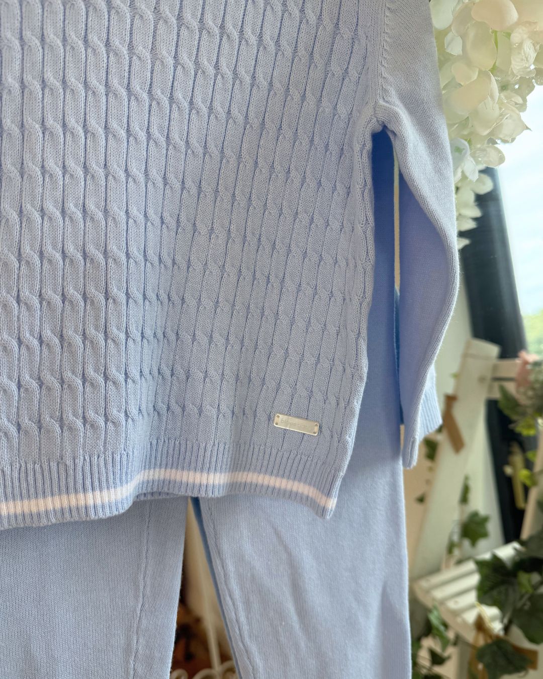 Bluesbaby Harry baby blue boys cable knit jumper and trouser set with white trim polo collar.