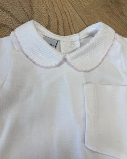 Babidu white unisex baby bodysuit with Peter Pan collar and coloured stitch trim.