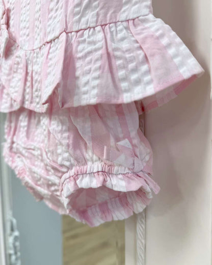 Tutto Piccolo Posie Jampant Set featuring a pink and white striped top with flutter sleeves, bow detail and matching striped bloomers.