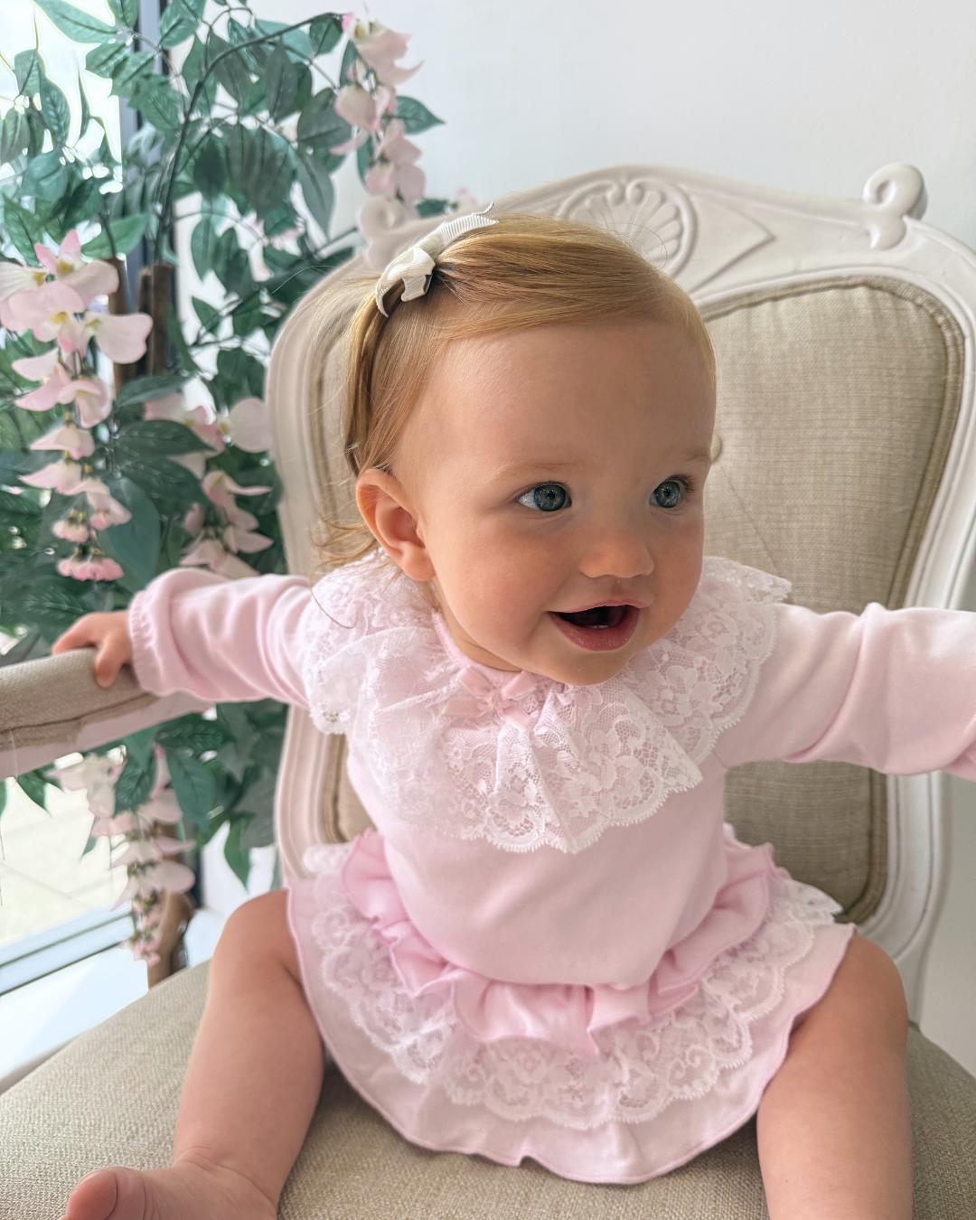 Bluesbaby Elodie Lace Jampant Set in soft baby pink with white lace frill collar, pink velour bow and matching tiered ruffle jampants.