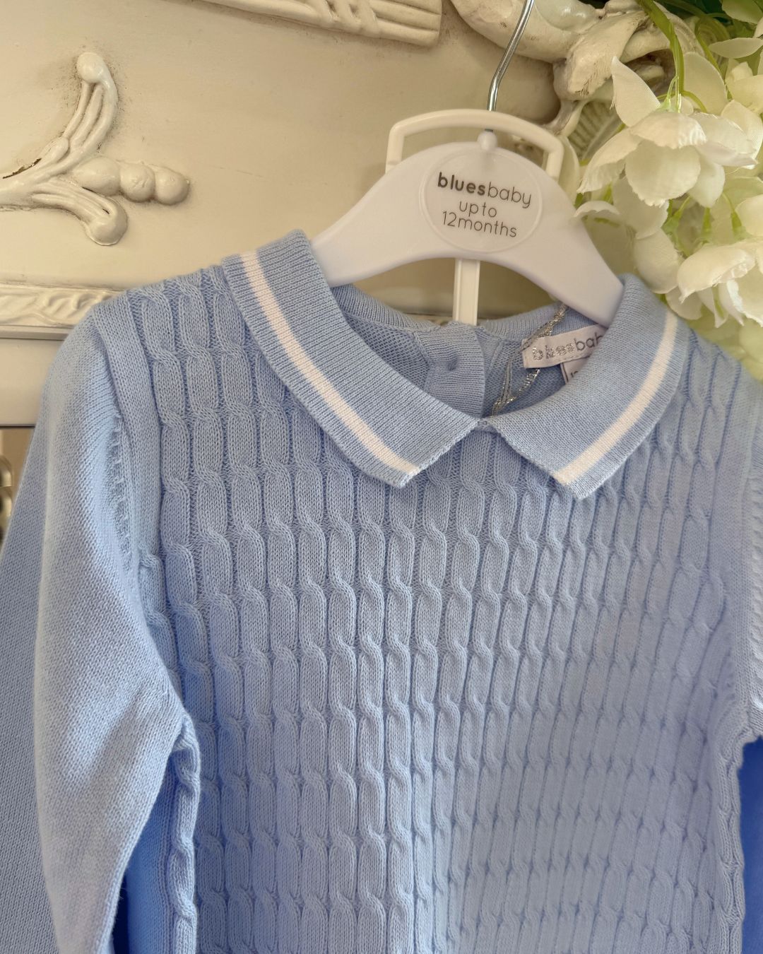 Bluesbaby Harry baby blue boys cable knit jumper and trouser set with white trim polo collar.