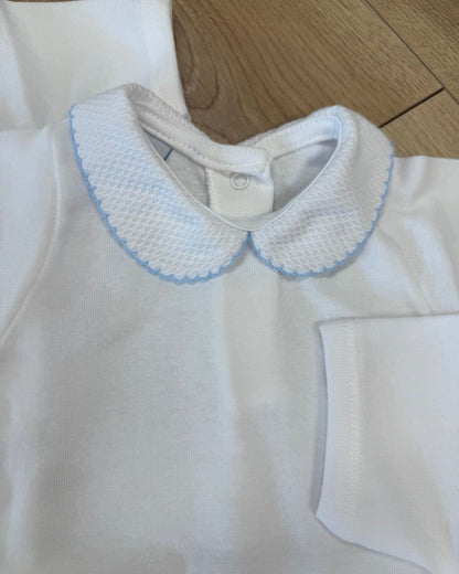 Babidu white unisex baby bodysuit with Peter Pan collar and coloured stitch trim.