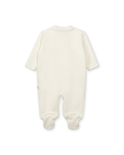 Baby Gi Velour Teddy Babygrow with Peter Pan collar and embroidered teddy motif in pink, blue and ivory.