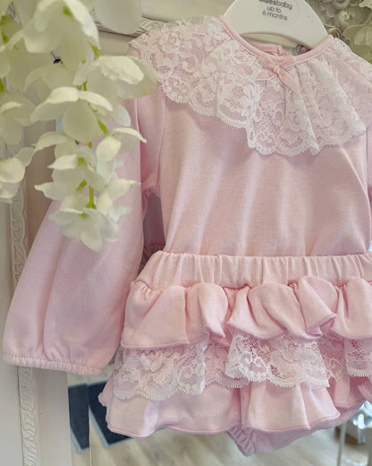 Bluesbaby Elodie Lace Jampant Set in soft baby pink with white lace frill collar, pink velour bow and matching tiered ruffle jampants.
