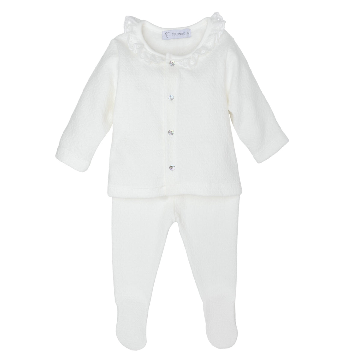 Calamaro Pearl ivory newborn baby girl gift set featuring a lace collar button-up top, matching footed trousers, baby mittens, hat and Calamaro signature baby perfume.