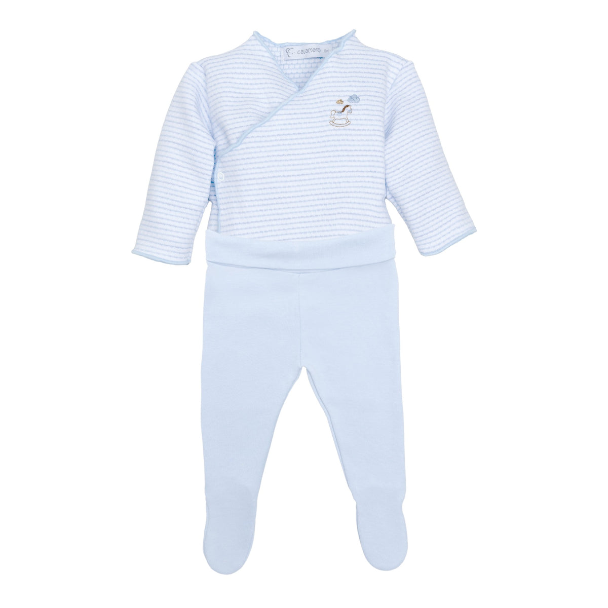 Calamaro Rocking Horse newborn baby gift set in pink and blue, featuring a striped wrap bodysuit with embroidered rocking horse, matching footed trousers and coordinating hat.